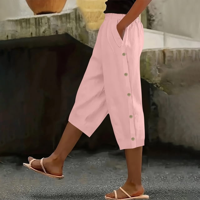 TaTaai Women's Casual 7/8 Length Pants Straight Leg Linen-Like Fabric with Elastic Waistband Side Pockets and Decorative Buttons for Spring Summer Outfits Gift