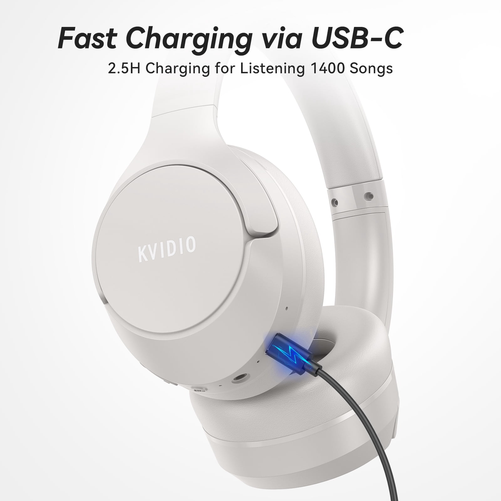 KVIDIO Active Noise Cancelling Headphones with Microphone, Deep Bass, 70H Running Time - Silver