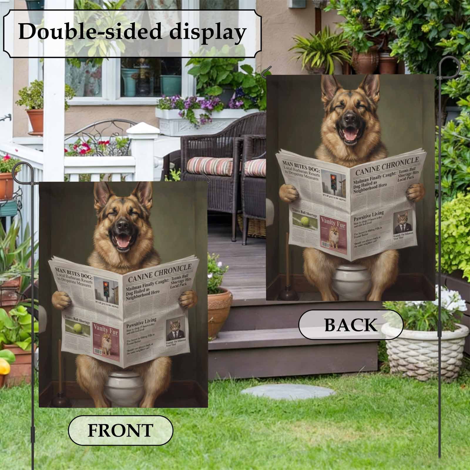 Funny Dog Puppy House Flag 28 x 40 Inches, Cute German Shepherd Cartoon Newspaper Toilet Weather Proof Outdoor Patio Flags Double Sided Small House Decoration for Yard Lawn Outside Home