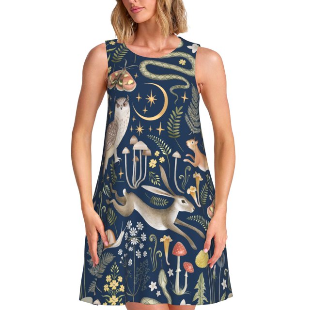 Easygdp Retro Forest Animals para Vestido Transpirable de Mujer, Vestido Suelto de Manga Corta con Pliegues y Bolsillos para el Verano