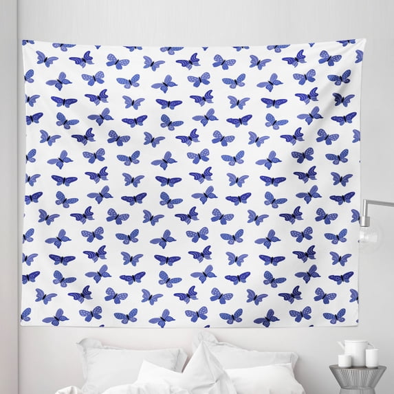 Butterfly Tapestry, Monochrome Design Pattern of Abstract Moths on Plain Background, Fabric Wall Hanging Decor for Bedroom Living Room Dorm, 5 Sizes, Dark Ceil Blue and White, by Ambesonne