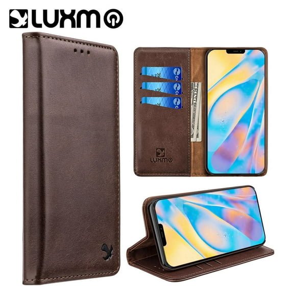 Luxmo Gentleman Leather Folio Leather Wallet Case For iPhone 13 (6.1") - Brown
