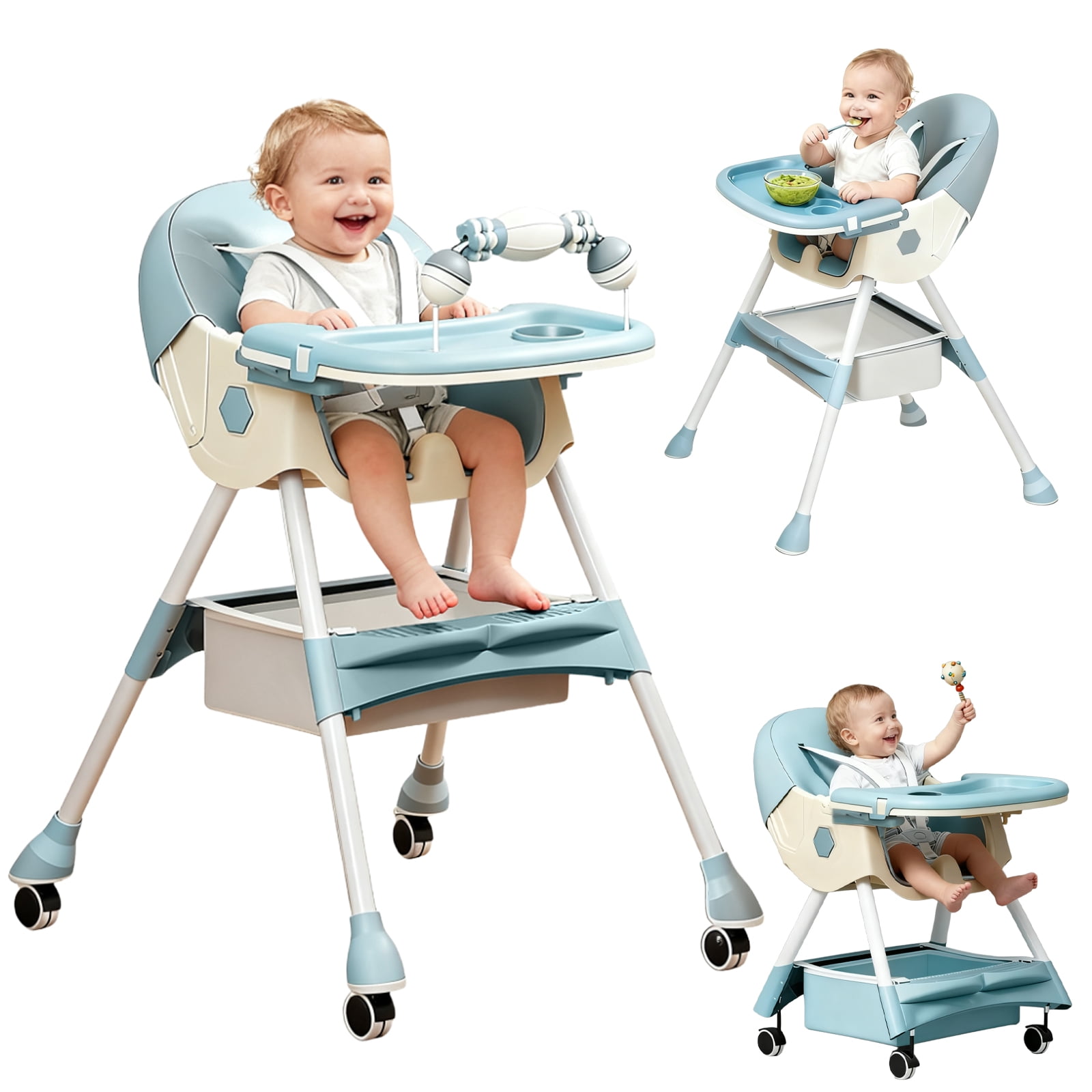 ManyFun-4-in-1 Baby High Chair Portable Toddler Baby Dining Chairs-Dining Booster Seat for Eating-Dinner Plate and Toy Rack,Light Blue