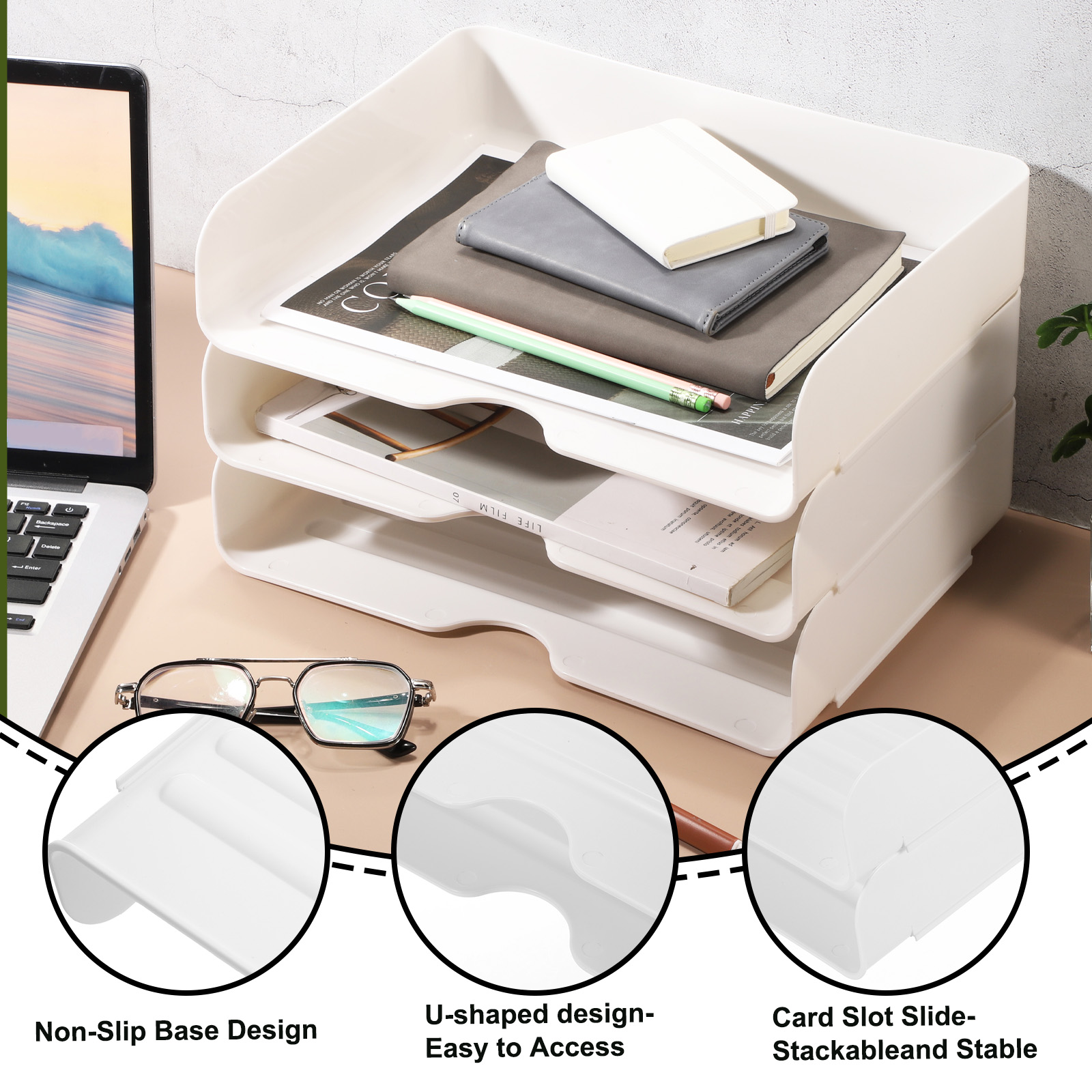Uxcell 13.3"x9.8"x3" Stackable Letter Tray, 2-Tier Paper Organizer Rectangular Plastic Desk Organizer Accessories File Holder for Office Desk Drawers Paper Storage, White