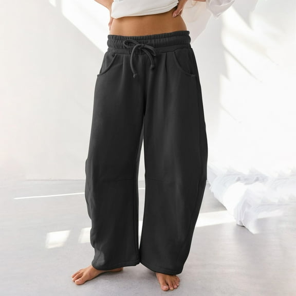 Women's Barrel Leg Sweatpants Drawstring Elastic Waist Wide Leg Baggy Active Pants with Pockets Black S