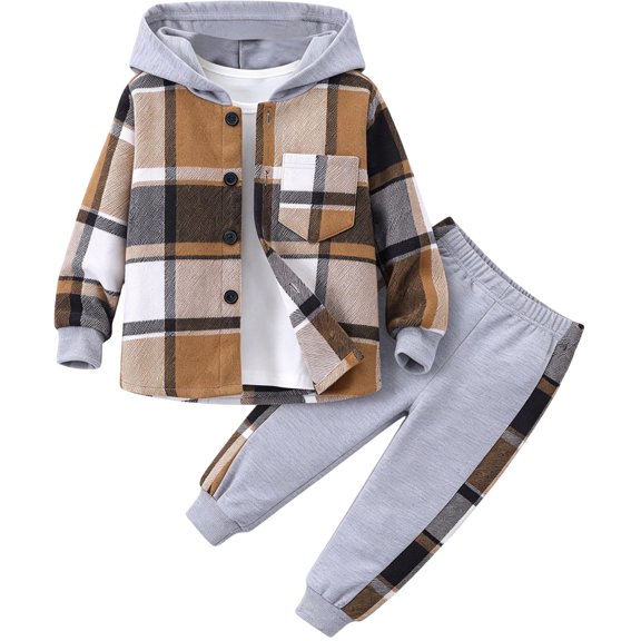 2Pcs Kids Boys Plaid Shirt Tops Pants Set Hoodie Sweatsuit for Fall Winter Spring Outfits 3-7 Years