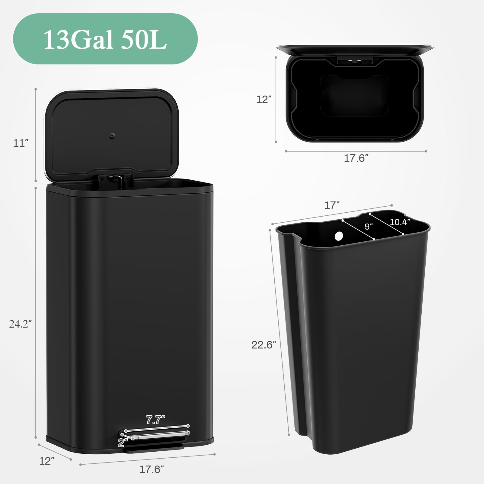 Arlopu 13.2 Gallon Trash Can, Stainless Steel Garbage Bin with Soft-Close Lid for Dining Room, Bathroom, Home Office