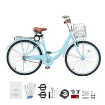 KFFKFF 26" Cruiser Bike,Single Speed,Pale Azure Coastal Cycle with Spacious Basket and Back Stand, Safe & Robust Bicycle with Modifiable Saddle