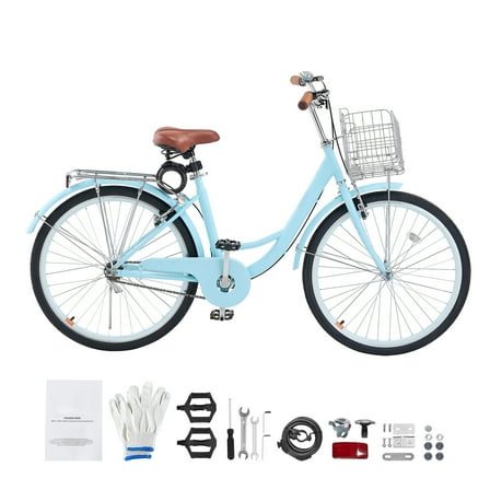 KFFKFF 26" Cruiser Bike,Single Speed,Pale Azure Coastal Cycle with Spacious Basket and Back Stand, Safe & Robust Bicycle with Modifiable Saddle