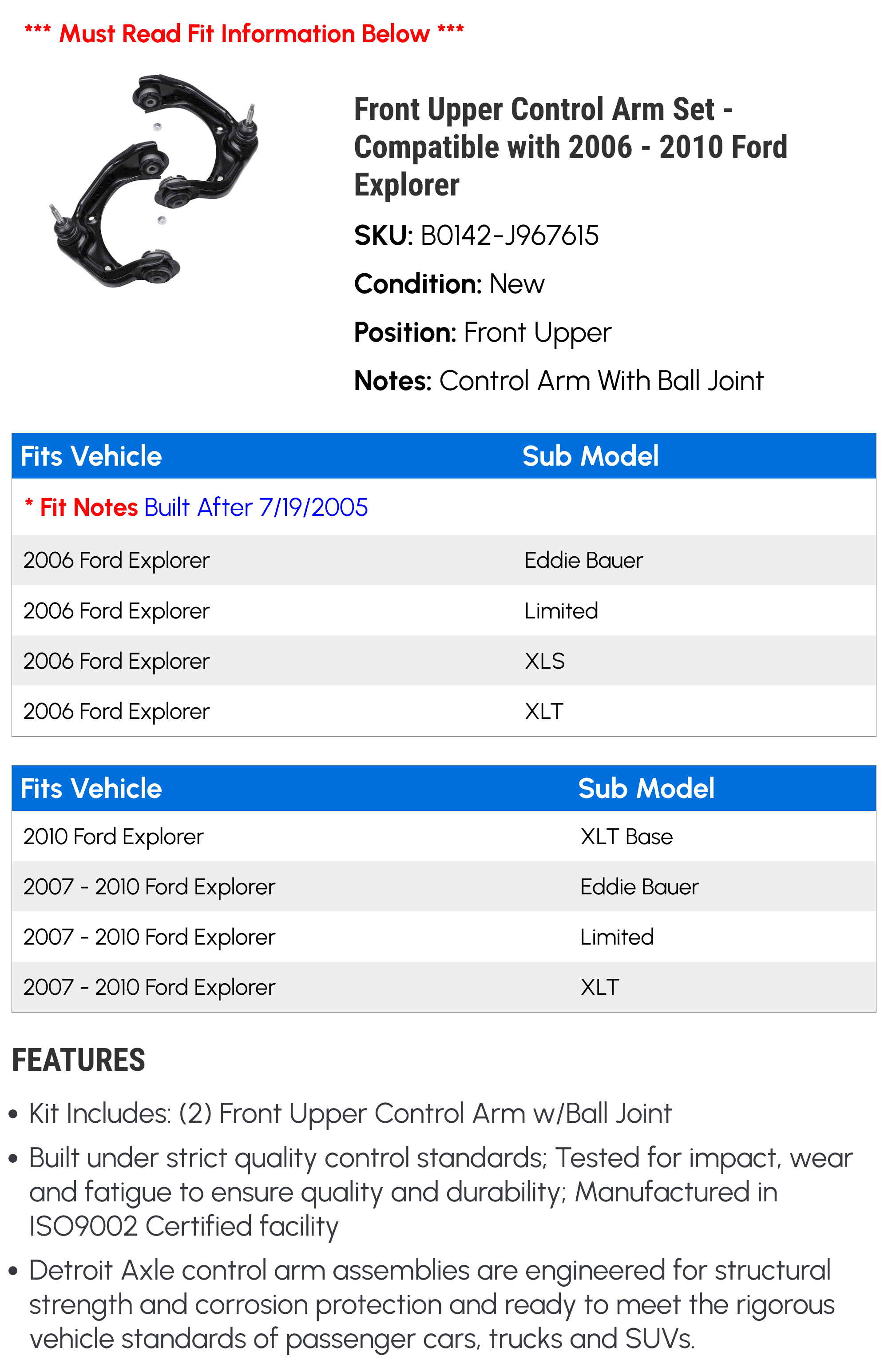 Front Upper Control Arm Set - Compatible with 2006 - 2010 Ford Explorer 2007 2008 2009