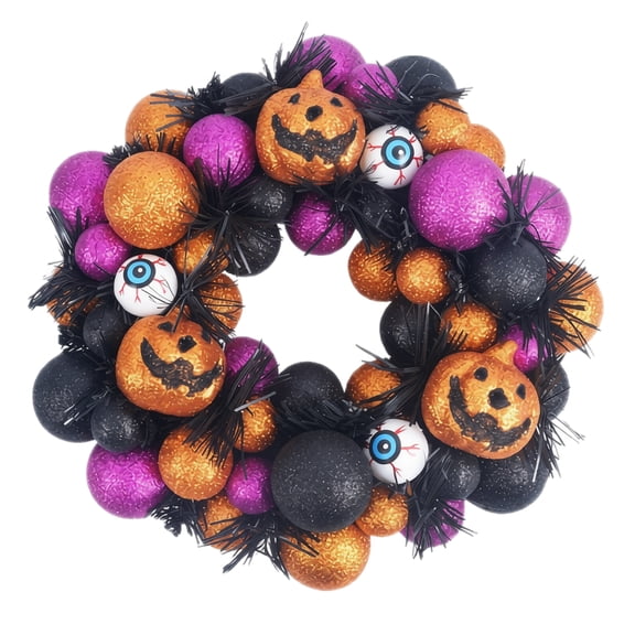 Anmrize 12" Halloween Jack O Lantern Wreath, Halloween Decorations Indoor for Home, Pumpkin Ball Wreath With Shatterproof Treat-Or-Trick Ornaments for Centerpiece Wall Front Door, Black