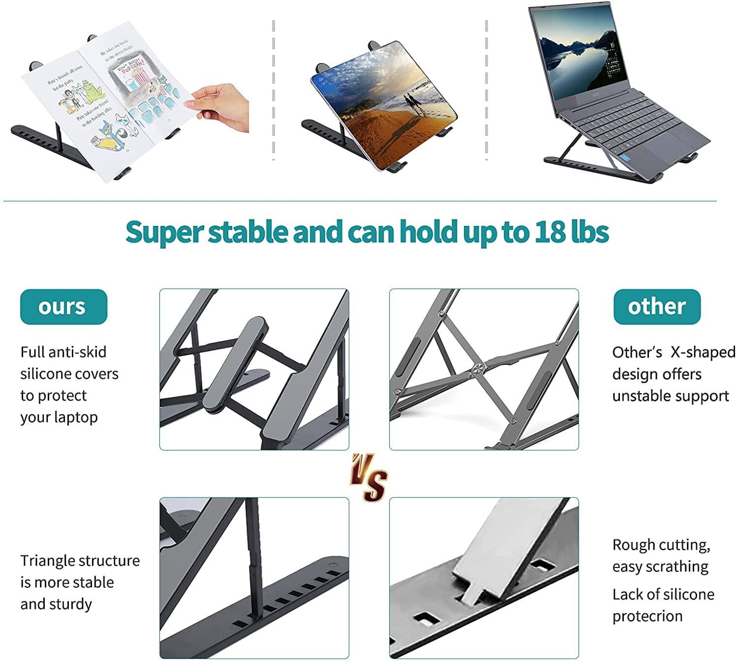 Laptop Stand for Desk, Adjustable Ergonomic Laptop Riser, 8 Angles Anti-Slip Laptop Holder Compatible with MacBook, Hp, Dell, Lenovo All Laptops 10-15.6” (Silver)