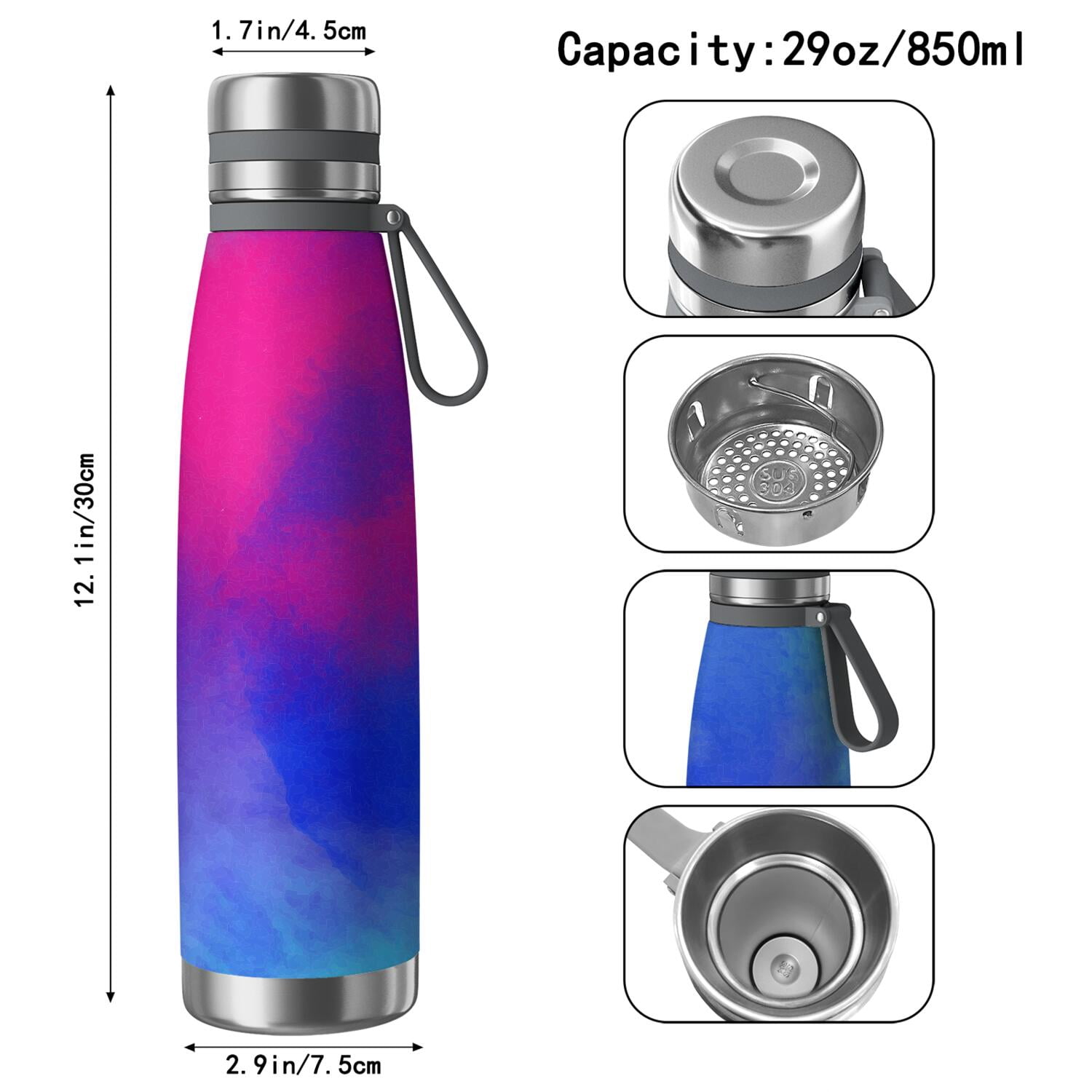 29oz Insulated Water Bottle with Tea Infuser, Stainless Steel Travel Mug, Fluid Smoke Aurora Art Style