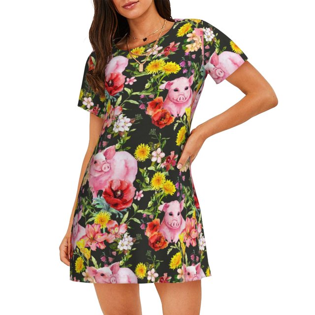 Fotbe Cute Pigs Sunflower Bata de Dormir para Mujer con Estampado, Camisón de Algodón de Manga Corta, Ropa de Dormir Casual