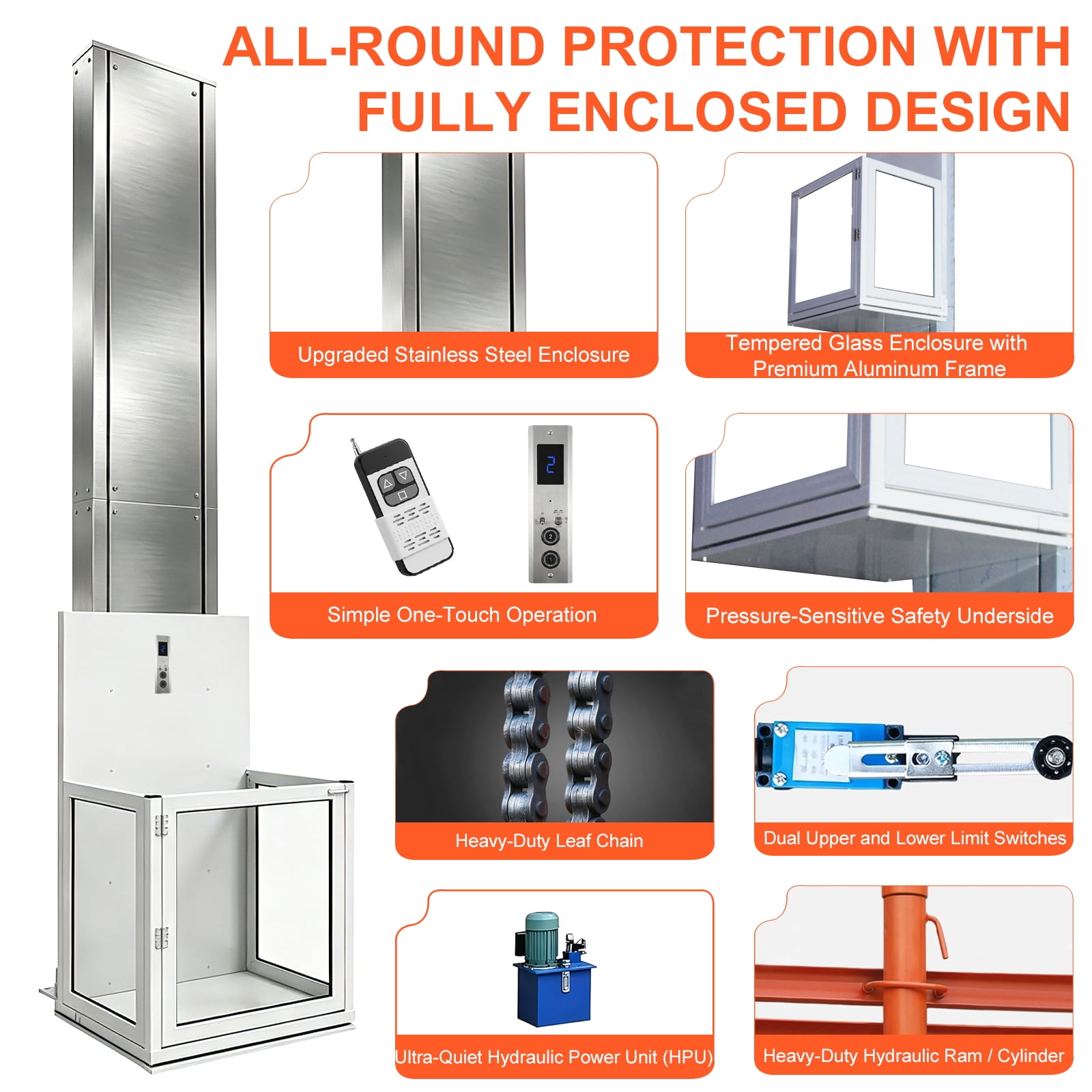 1800lbs Electric Home Elevator, Quiet Hydraulic Lift with Physical Anti-Pinch & Stainless Steel Frame, 16ft Height