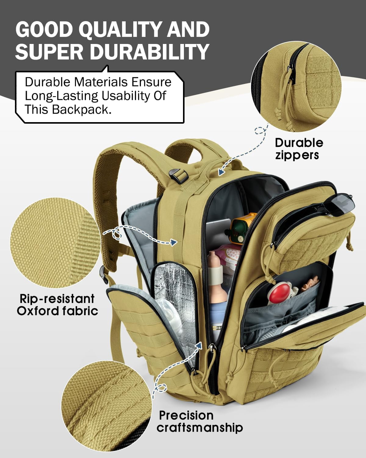 MIRACOL Diaper Bag Backpack for Dad: 40L Large Capacity Tactical Dad Bag with 16+ Organized Pockets - 900D Fabric Military-Style for Travel, Outdoor & Daycare Essentials (Tan)