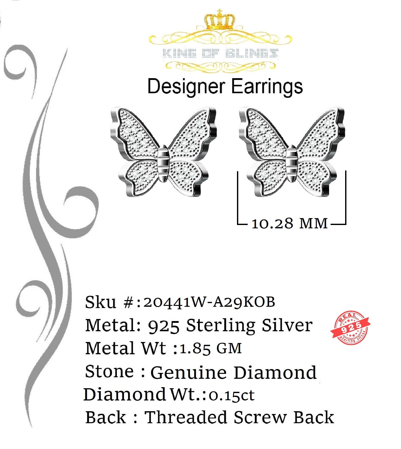 King of Bling's Women's 0.15ct Real Diamond Butterfly Stud Earrings White 925 Sterling Silver