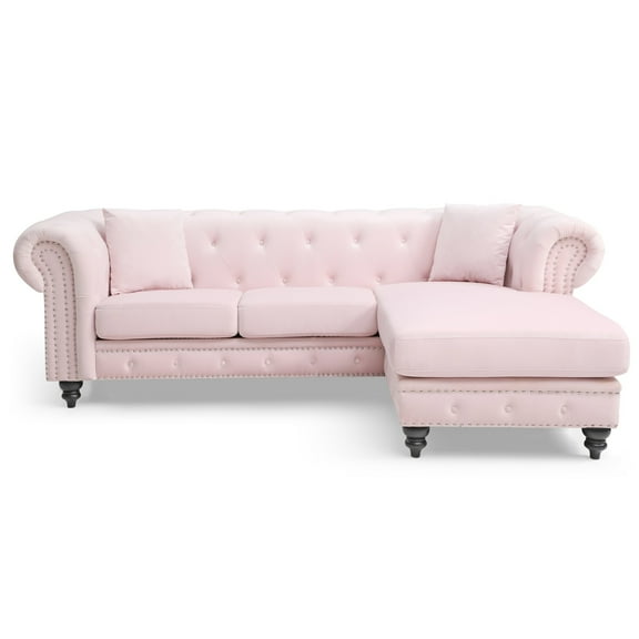 Contemporary Home Living Tufted Velvet 3-Seater Sectional Sofa with Throw Pillows - 98" - Pink