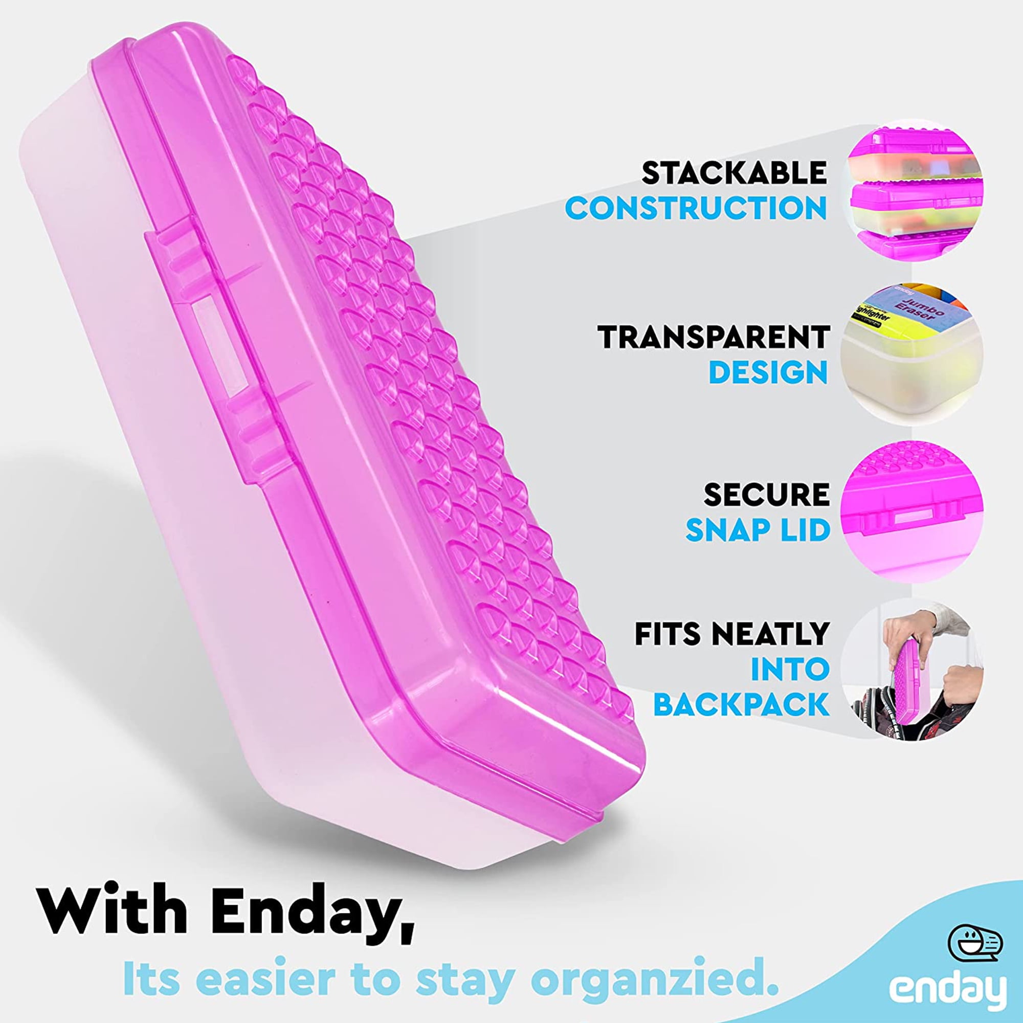 Enday Pencil Box Pink, Plastic Double Deck Pencil Case with 7 Compartments,  Box Organizer with Snap Closure for Home and Office