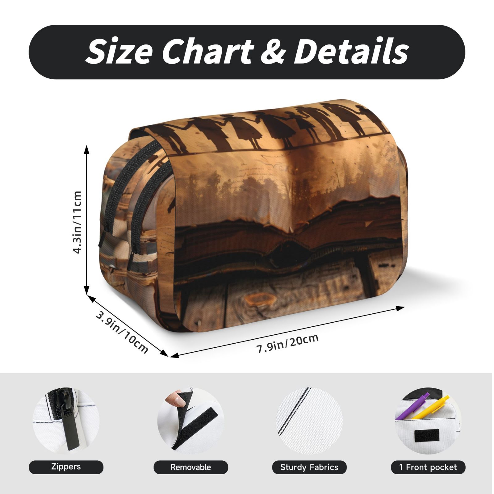 Rateoe Vintage Family History Book Pattern Double Clamshell Pen Case, Storage Organizer with Two Zipper Compartments– Holds Up to 50 Pencils & Pens
