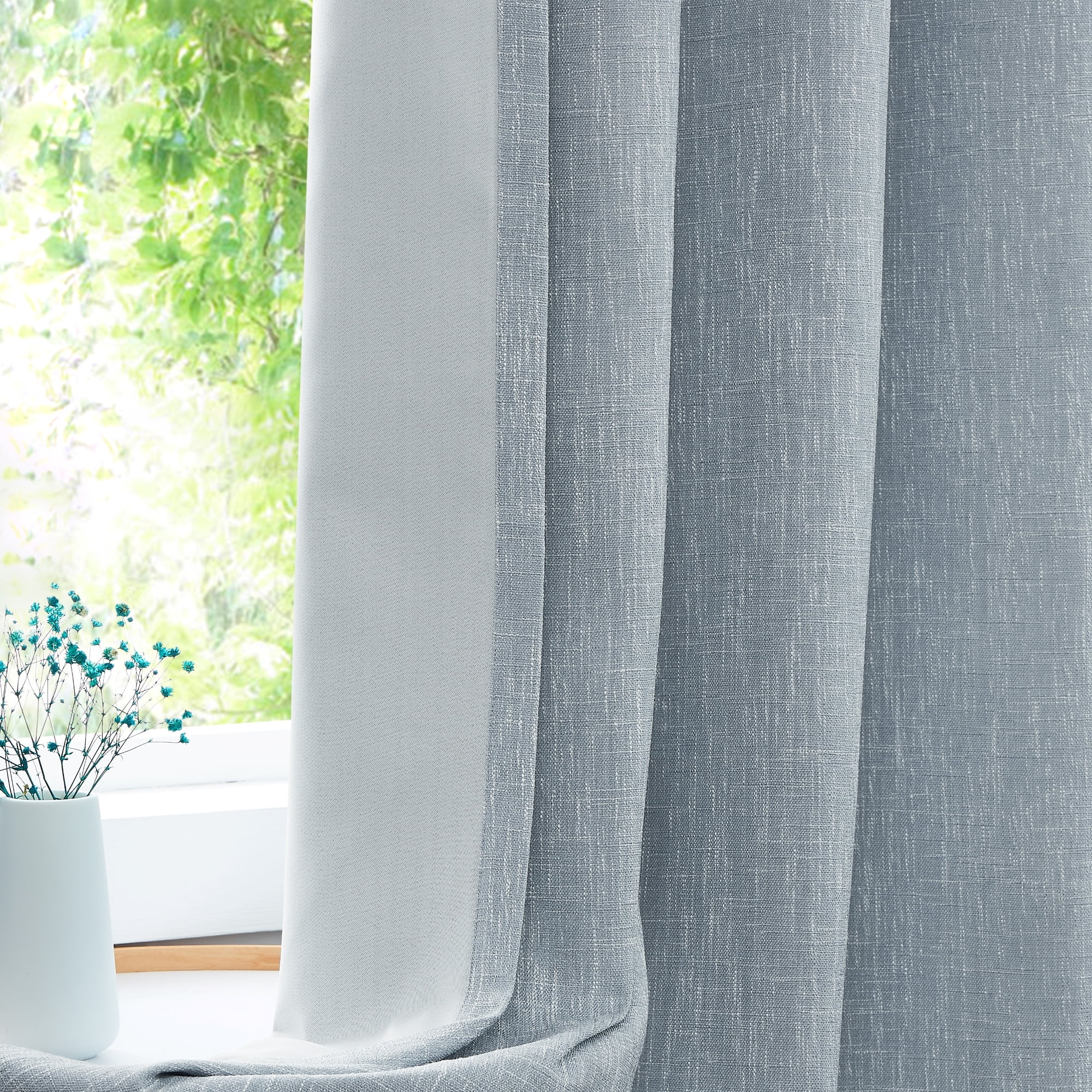 Uptown Home Blue Gray Solid Heavy Linen Textured Blackout Curtain for Bedroom Living Room Office, Grommet, 50"x63"x2