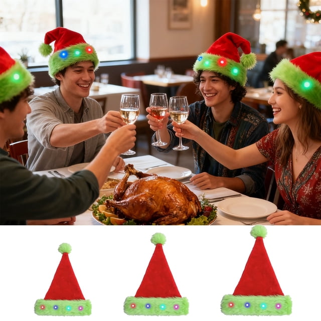 Gorro Navideño de Papá Noel de Tela Flocada de Dos Capas con Luces | Decoración Navideña Roja y Verde - 32 X 45 X 1 Cm - 1 Unidad