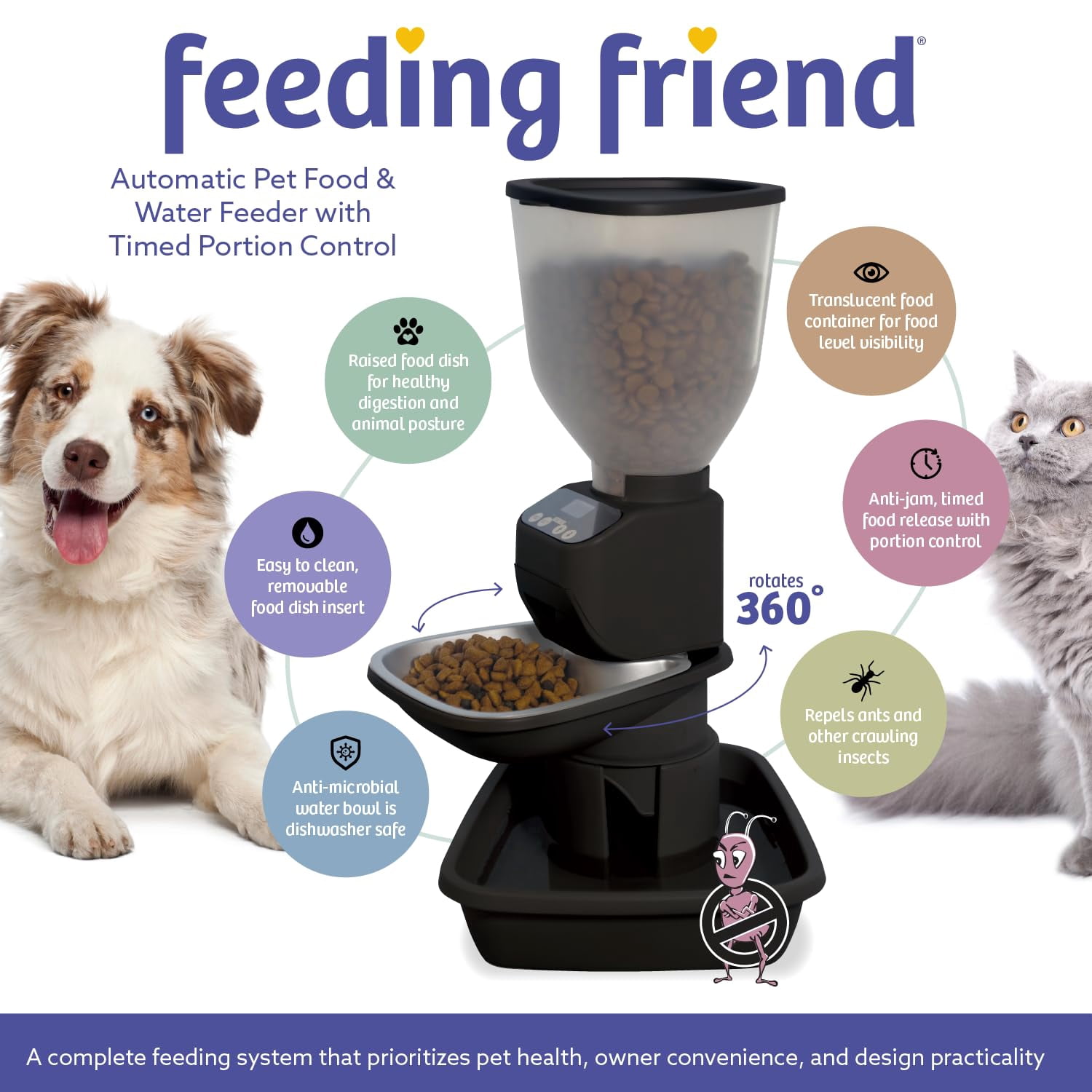 Feeding Friend® Automatic Dog & Cat Food Feeder with Water Dispenser – Smart Pet Feeder with Portion Control, OLED Display, Anti Jam Design, Battery Operated Dispenser for Medium Pets 15-30 - Black