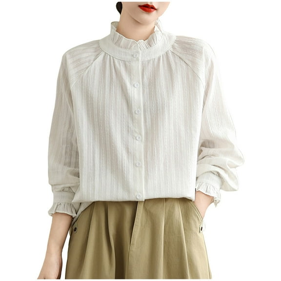 STETMN Womens Vintage Tops Ruffle Stand Collar Dress Blouse Casual Retro Button Down Shirt