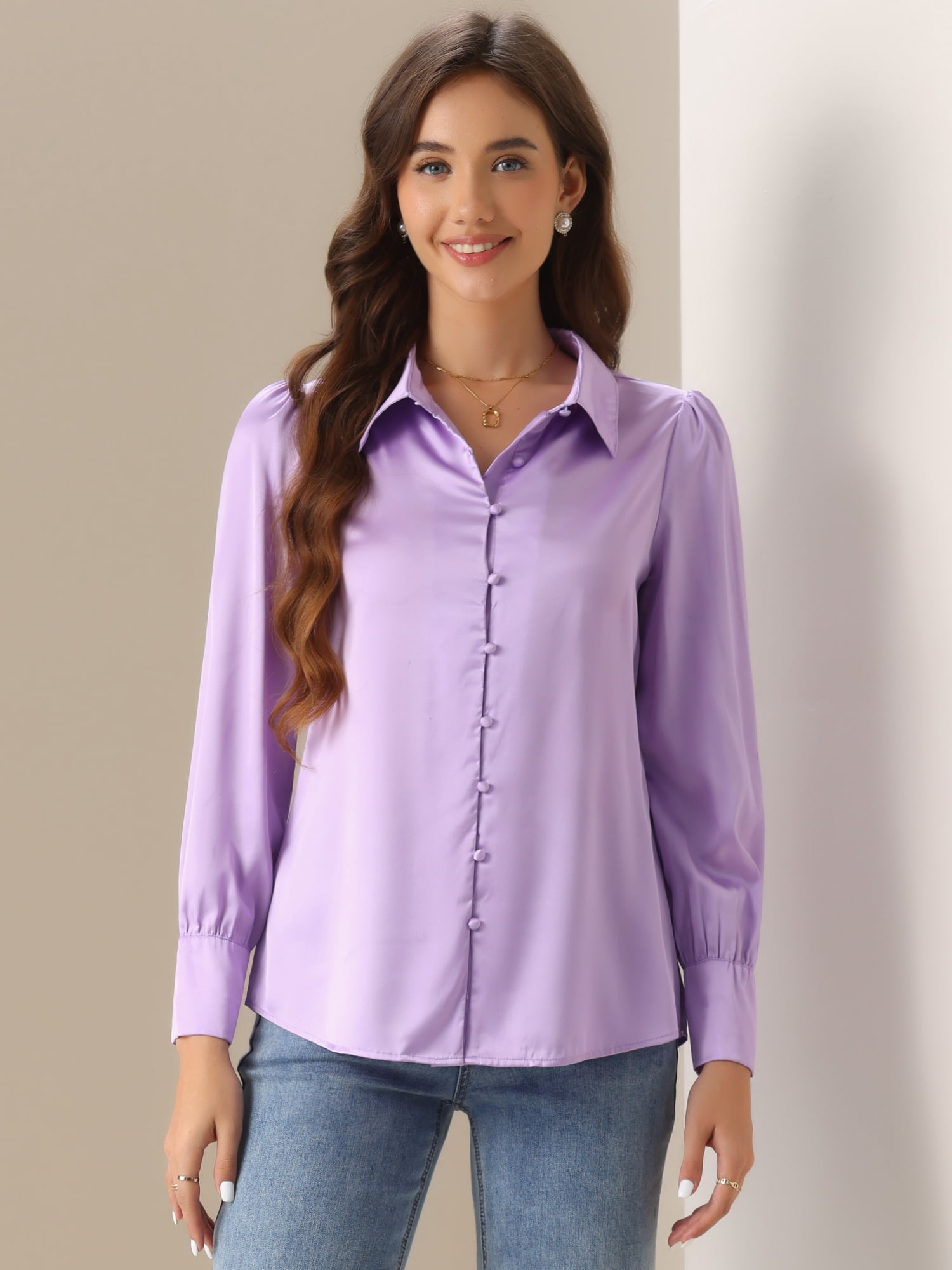 DARING DIVA Turn Down Collar Puff Sleeve Work Shirt XS Light Purple