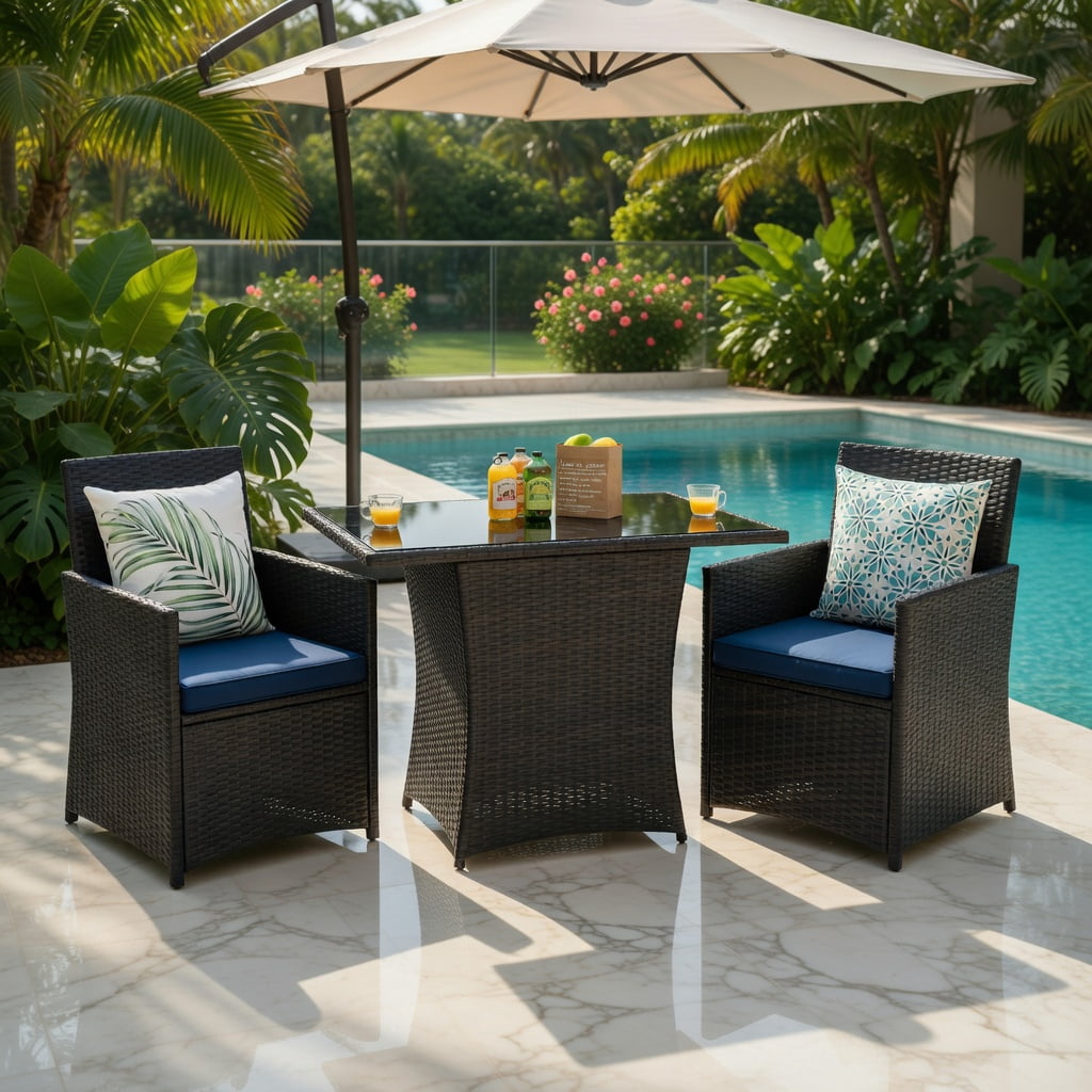 Hommoo 3-Piece Outdoor Rattan Patio Furniture Set, Steel Frame, Tempered Glass Table, Ergonomic Armchairs with Removable Cushions, Navy