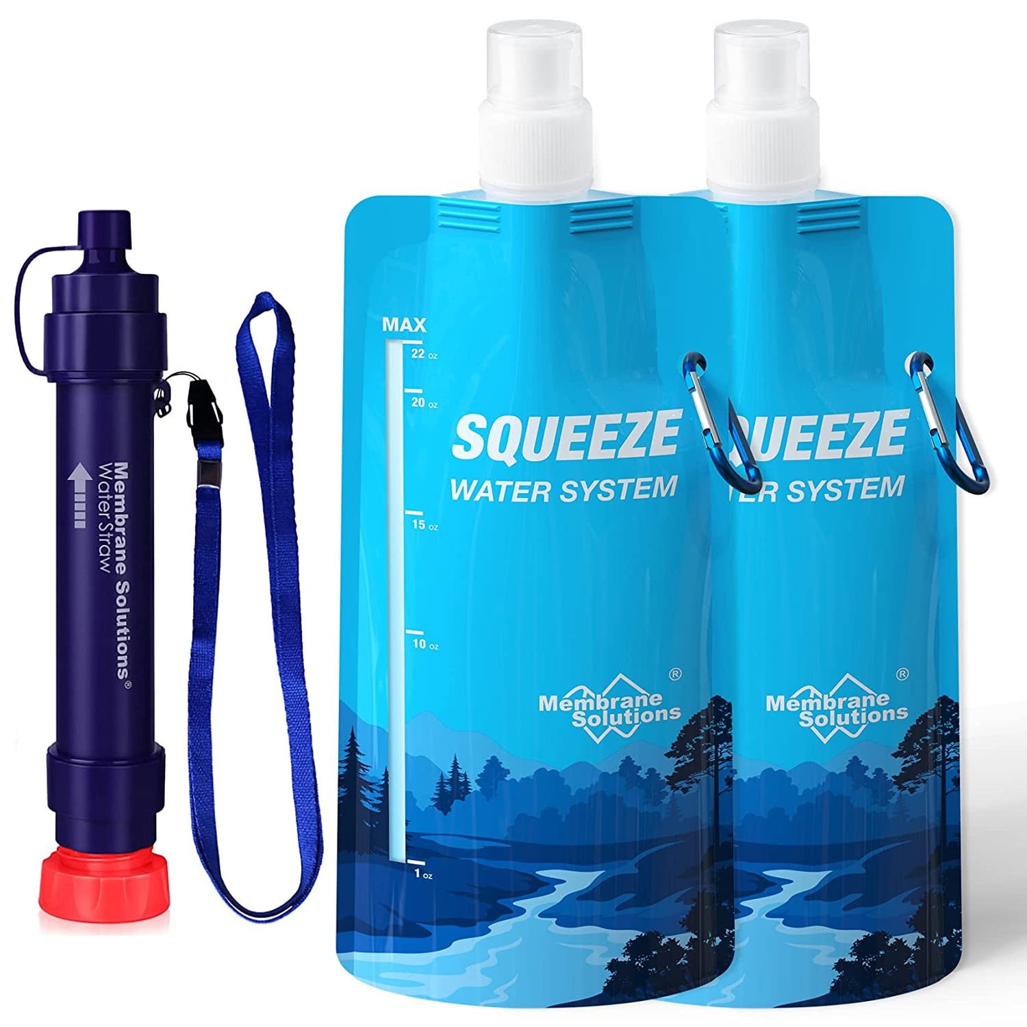 Membrane Solutions Squeeze Water Filtration System, Survival Water Filter Straw and 2 Pack 23oz Membrane Solutions Squeeze Water Filtration System, Survival Water Filter Straw and 2 Pack 23oz