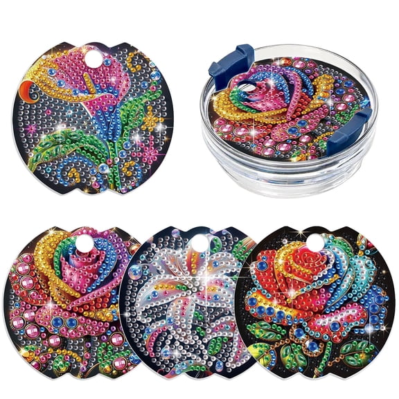 4pcs DIY Diamond Painting Cup Lid Kit Vibrant Rose Mosaic Craft Perfect for Decorating Cup Lids, Water Cups, and Thermoses