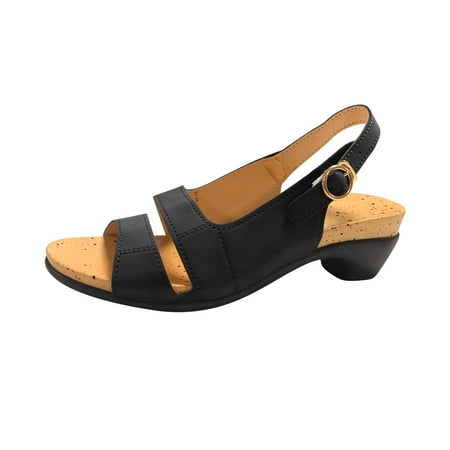 

VKEKIEO Round Toe Wedge Sandals For Women High Heel Buckle Black 36