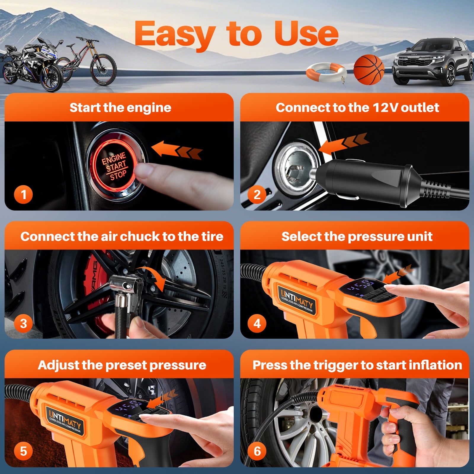 UNTIMATY Cordless Tire Inflator Portable Air Compressor, 150PSI Handheld Air Pump with 21V Rechargeable Battery, Digital Pressure Gauge for Cars Motorcycles