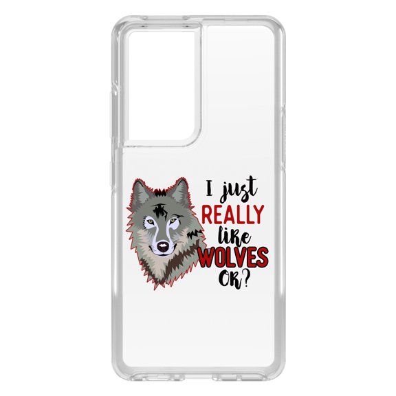 DistinctInk Clear Shockproof Hybrid Case for Galaxy S21 ULTRA 5G (6.8" Screen) - TPU Bumper Acrylic Back Tempered Glass Screen Protector - I Just Really Like Wolves OK?