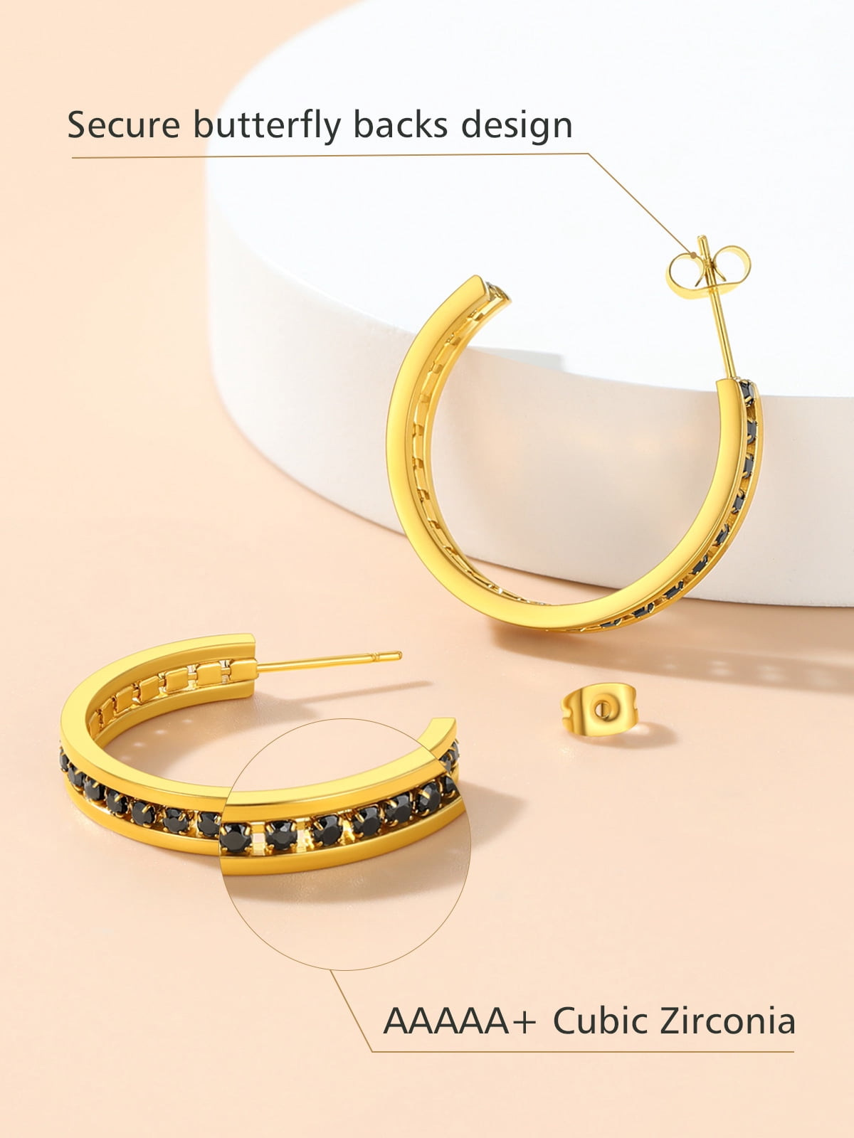 FindChic 14K Gold Plated Hoop Earrings for Women Stainless Steel Hoops with Black Cubic Zirconia Inlaid Birthday Mothers Day Jewelry Gifts Her Mom Wife, 30mm