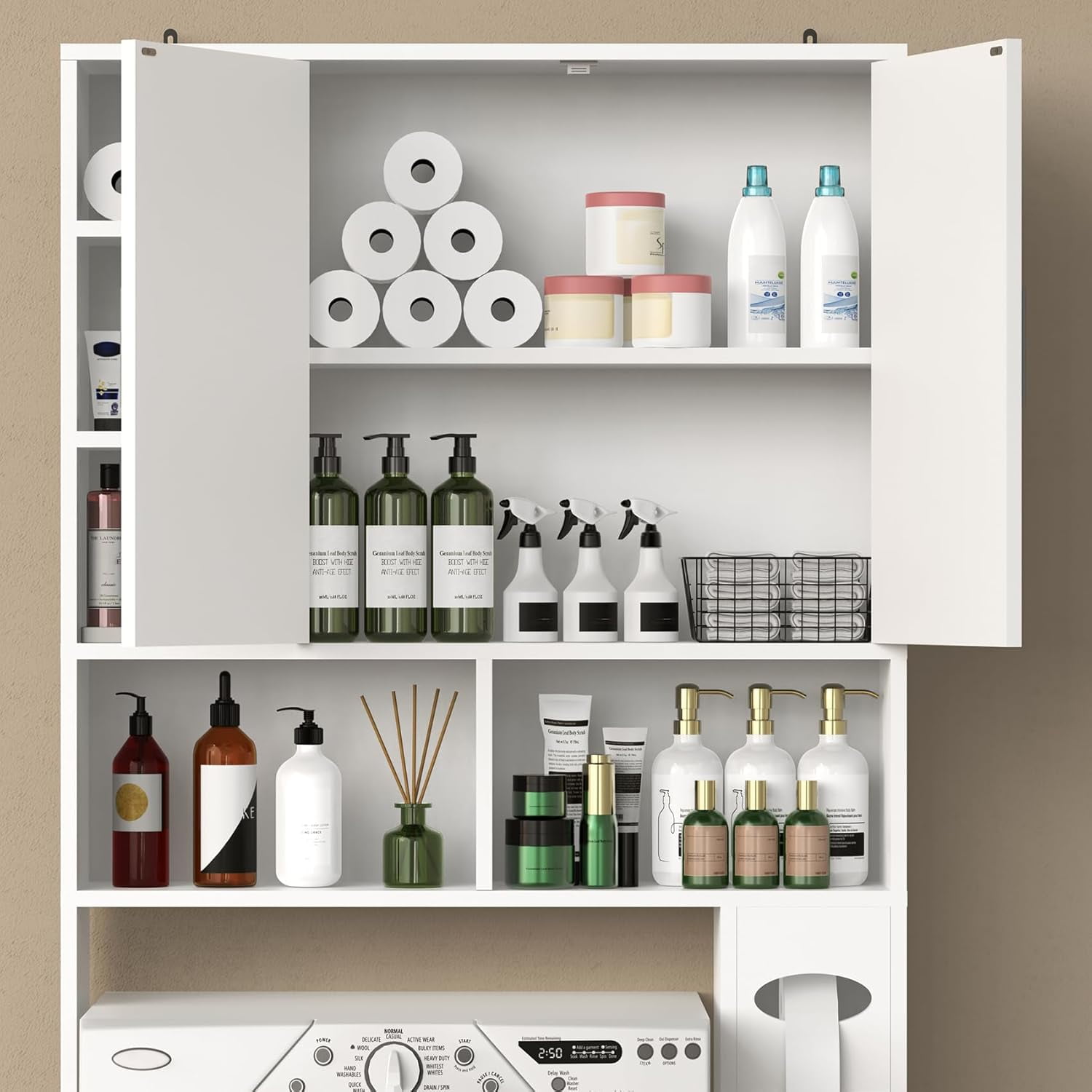 Frmobepts Over The Toilet Storage Cabinet with Toilet Paper Holder Stand, Above Toilet Organizer with Doors, Behind Toilet Shelf for Restroom, Bathroom, Laundry, White