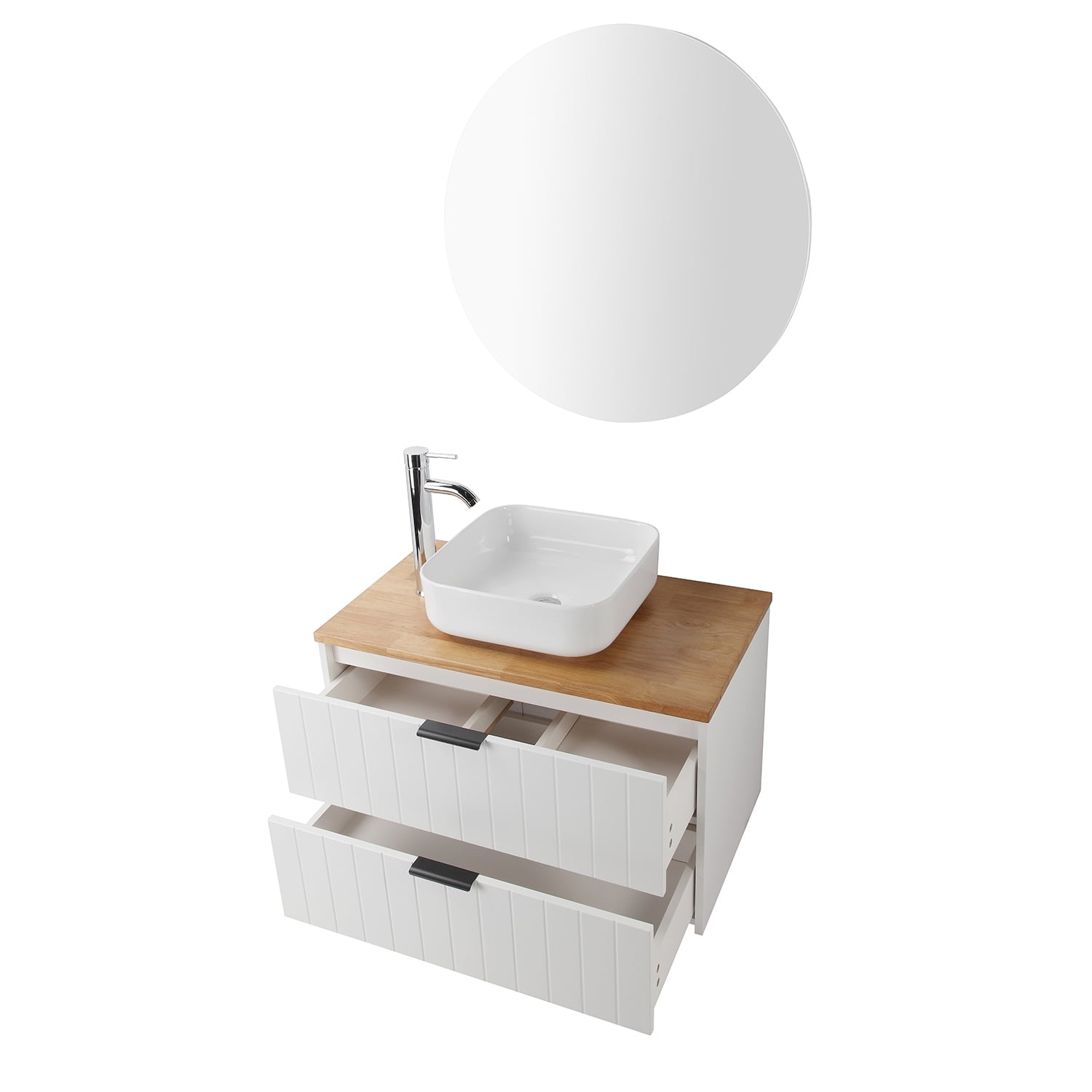 Demi Bonn 31" Double Drawer Wall-Mounted Bathroom Vanity with Solid Wood Natural Top, Square Art Ceramic Sink and Round Mirror, Faucets and Drains Not Included, White
