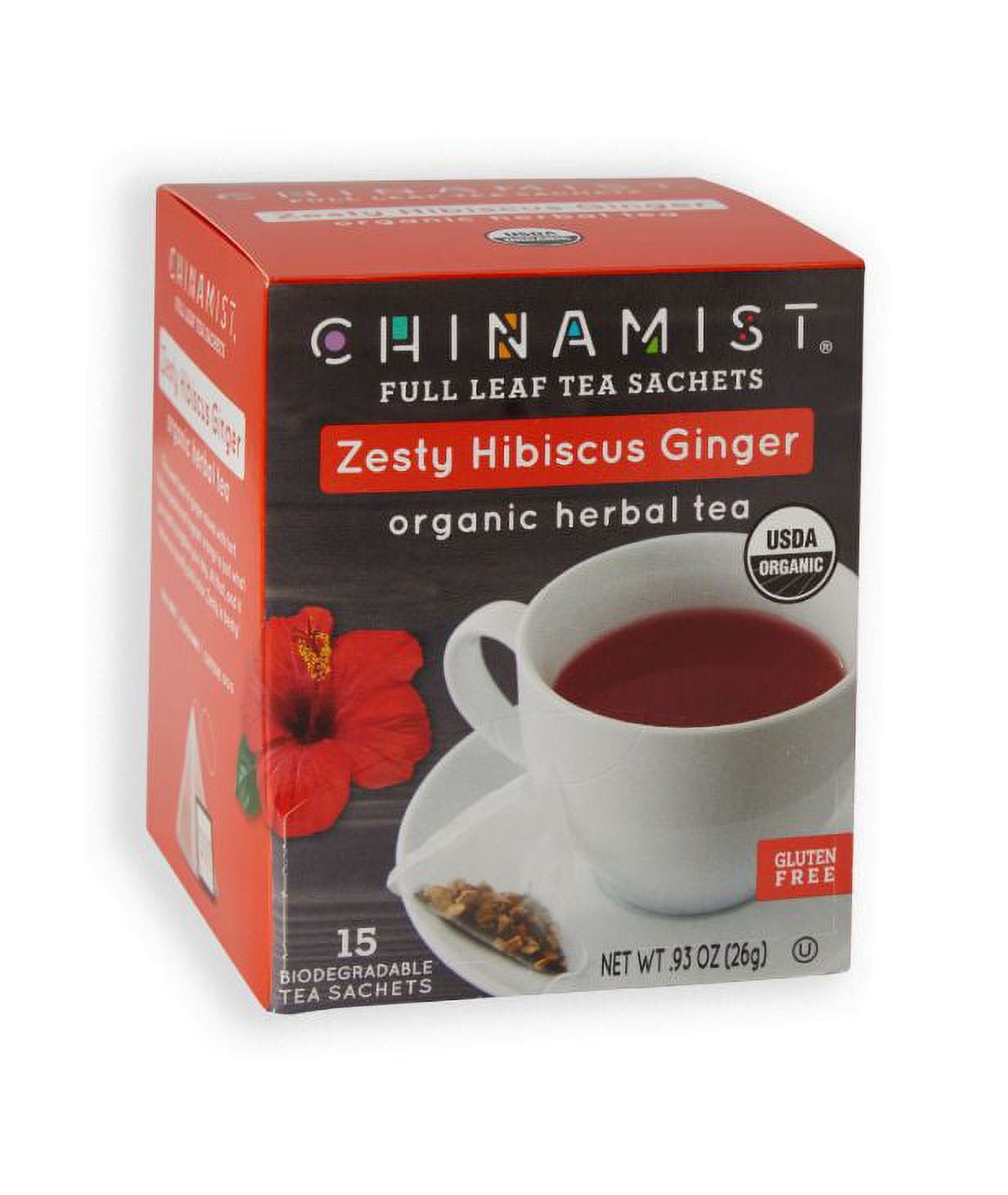 China Mist Organic Zesty Hibiscus Ginger Herbal Tea Sachets, 6 Boxes 15 Count