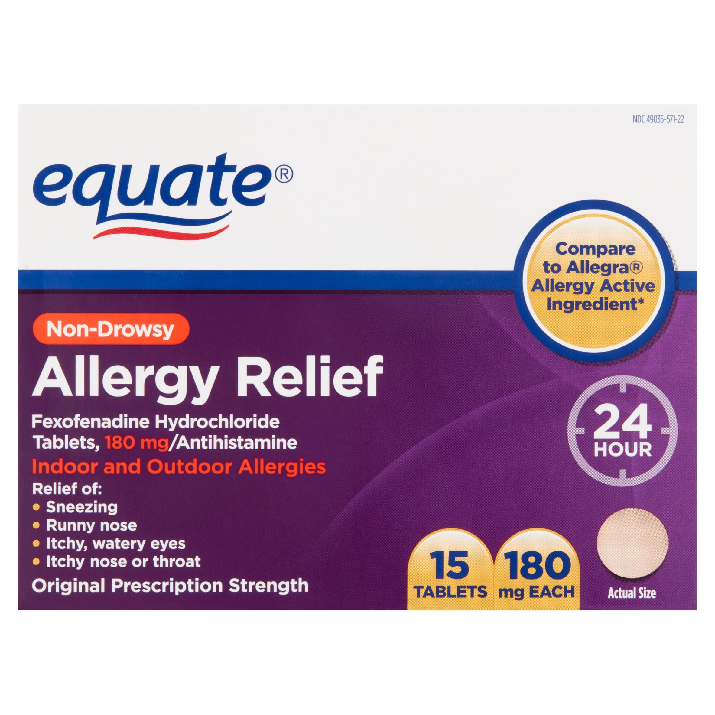 Equate Non-Drowsy Allergy Relief Tablets, 180 mg, 15 Count