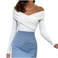 thumbnail image 2 of Women's Off The Shoulder Long Sleeve Bodysuit Ruched Cross Wrap Bodysuit Tops Shirts White M, 2 of 5