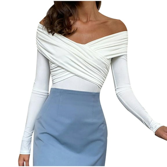 Oplxuo Womens Elegant Off the Shoulder Fitted Shirt Ruched V neck Long Sleeve Tops Solid Fall Y2K Tight Going Out T Shirts