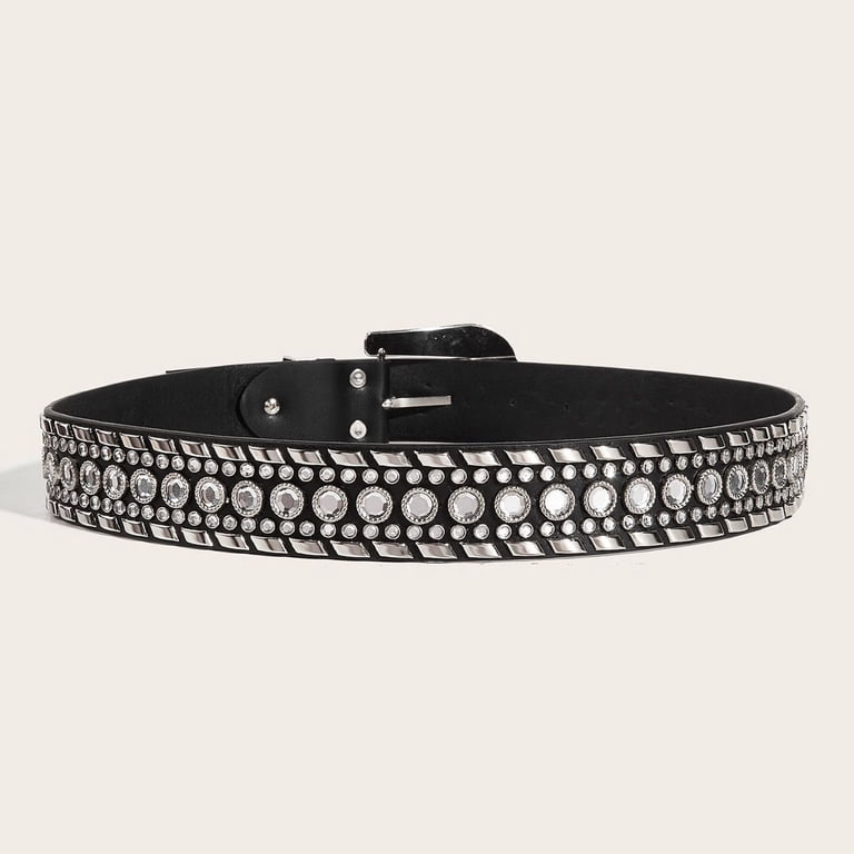 Black Textured Faux Leather Belt with Rhinestone Circle Buckle Rhinestone Faux Leather Belt Men & Women Western Cowgirl  main image 3