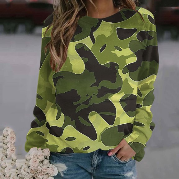 Hilzaten Womens Long Sleeve Tops Crew Neck Casual Hoodless Pullover Drop Shoulder Camouflage Sweatshirt for Women
