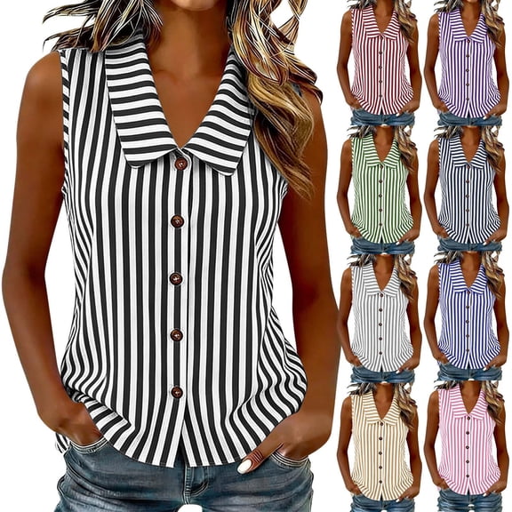 Rvasteizo Tank Tops for Women Stripe Print Casual Sleeveless Turn Down Doll Collar Slub Linen Button Open Cardigan Light Summer Ladies Camisole