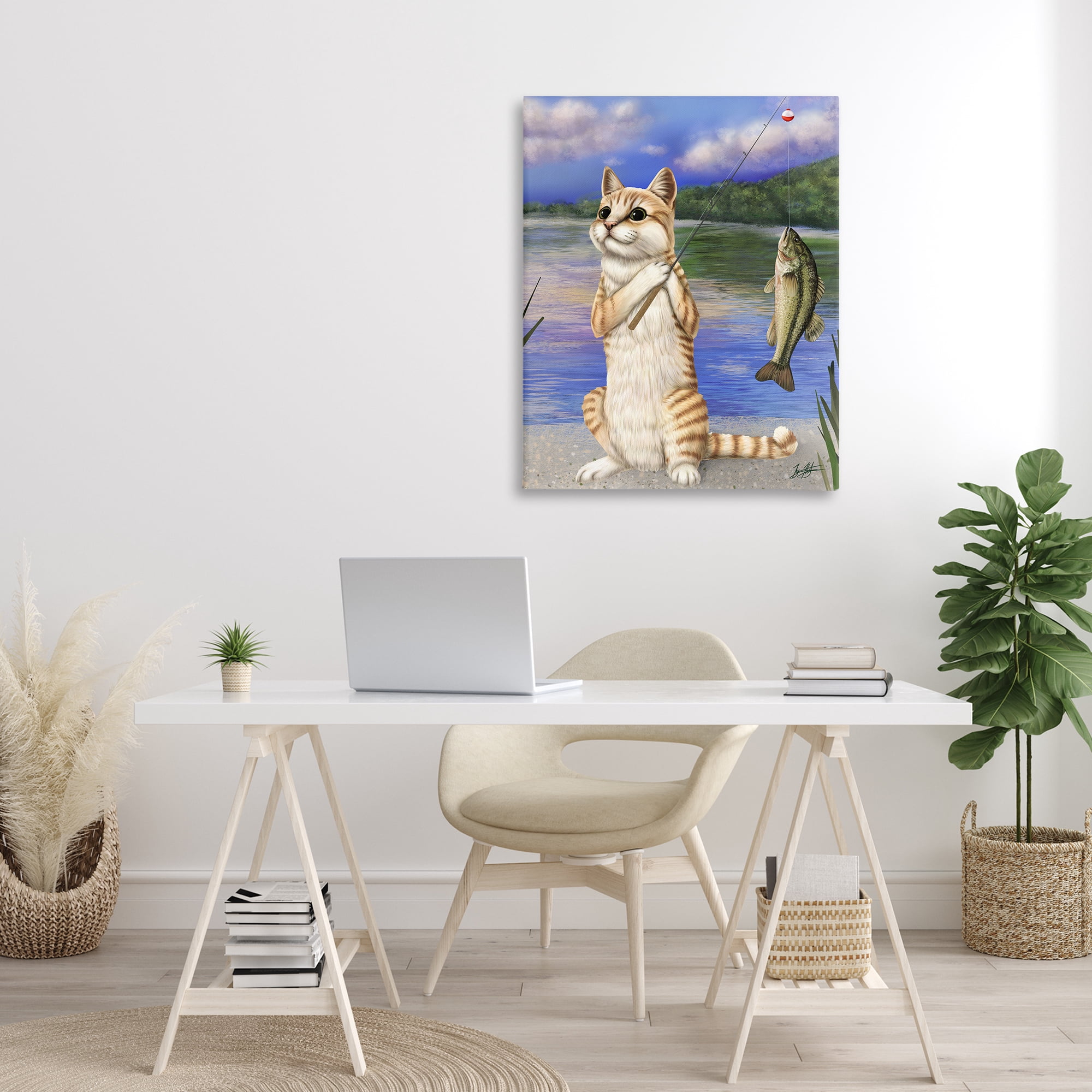 Stupell Industries Fishing Cat by Lake Animals & Insects Painting Gallery Wrapped Canvas Art Print Wall Art, 30 x 40