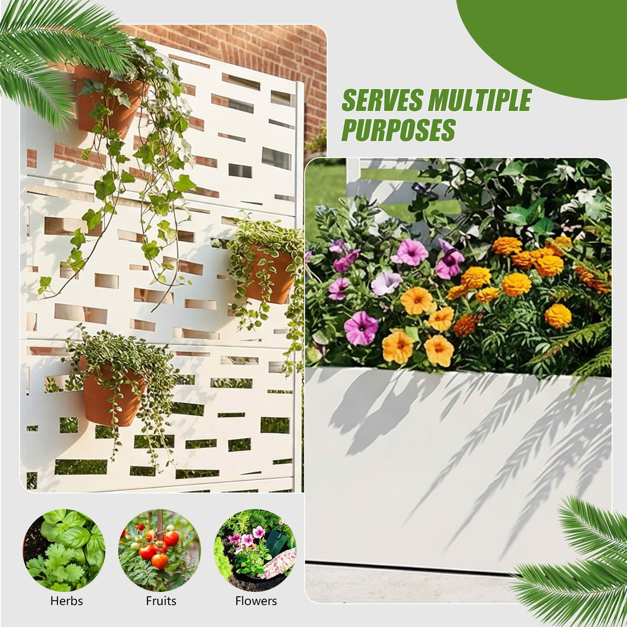 MAYEERTY 59X30" Metal Outdoor White Privacy Screen with Planter Box for Backyard & Garden, 4 Piece Set