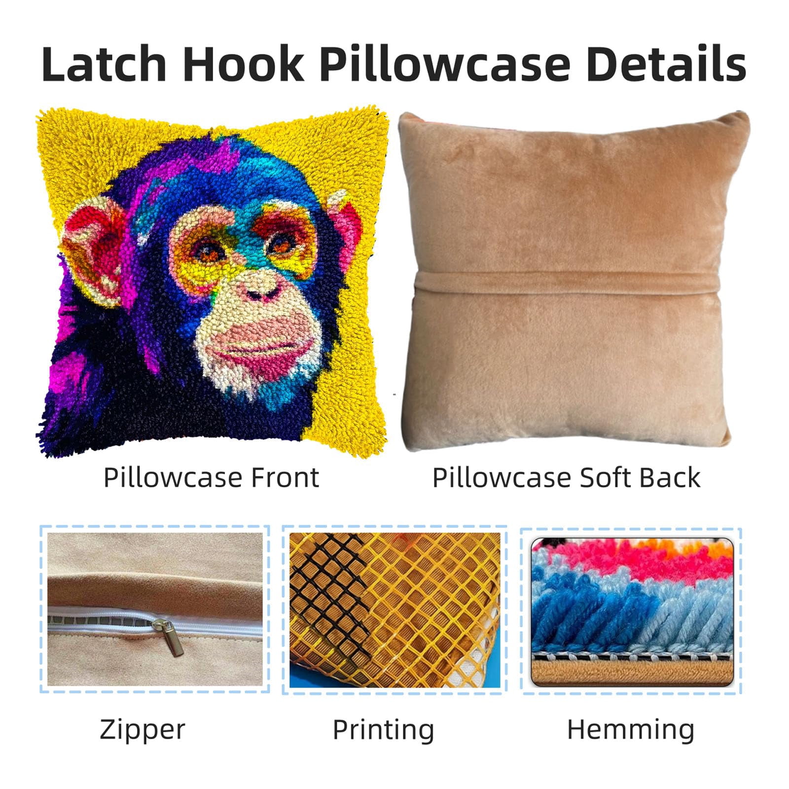 Monkey DIY Latch Hook Pillow Kits for Adults Printed Pillowcase Crochet Yarns Hooking Handmade Pillow Cover Cushion for Home Sofa Decoration 17x17inch