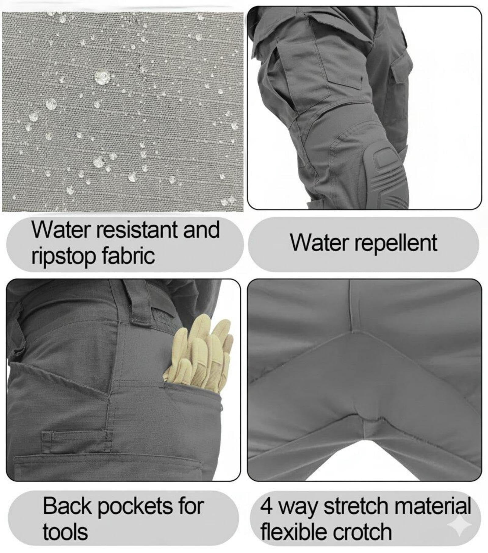 TRGPSG Men's Outdoors Work Pants with Knee Pads,Hunting Pants Waterproof Hiking Work Pants 10 Pockets (No Belt),Gray Size 34