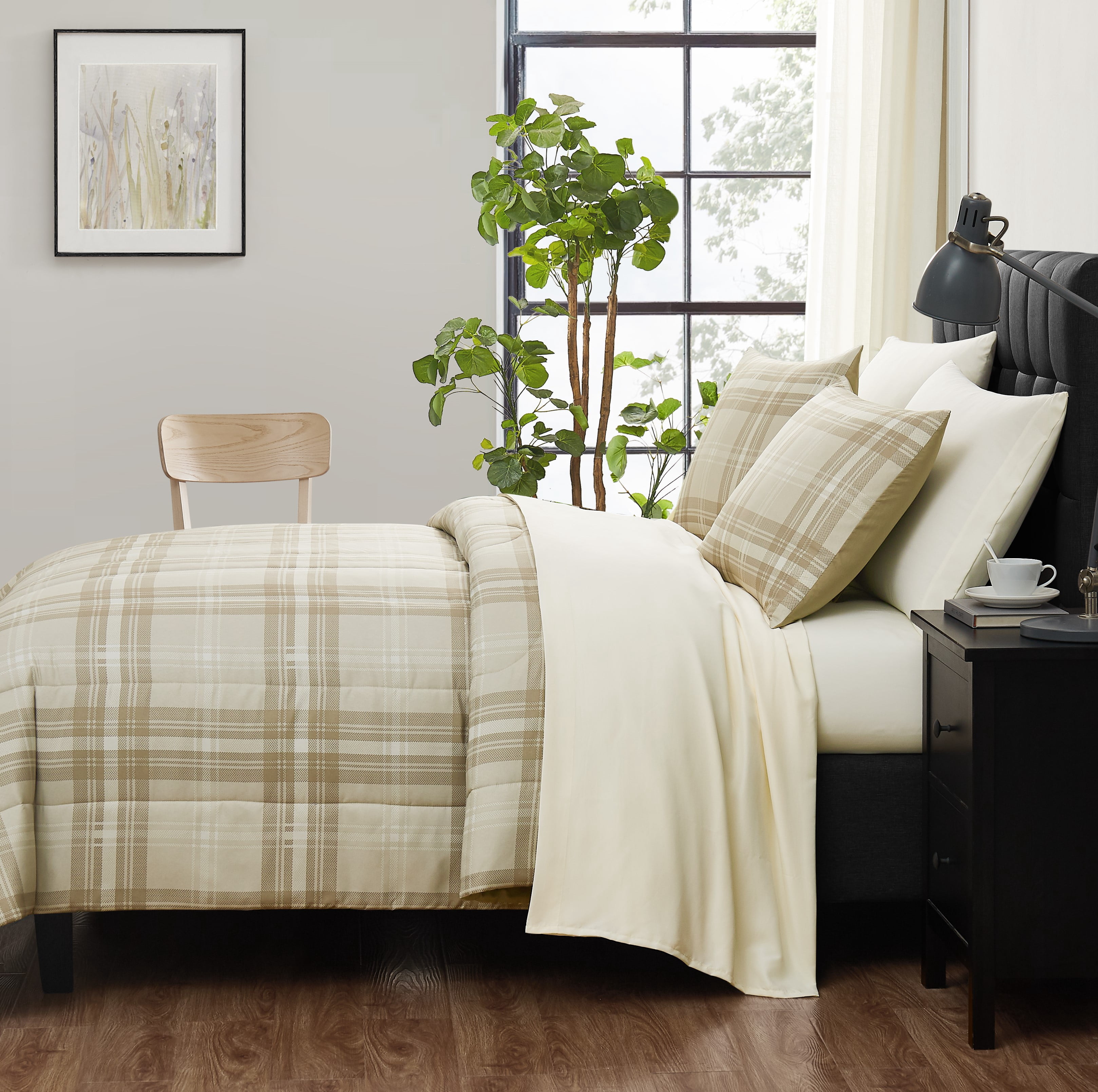 Mainstays 7 Piece Reversible Bed in a Bag Comforter Set with Sheets, Beige Plaid, King